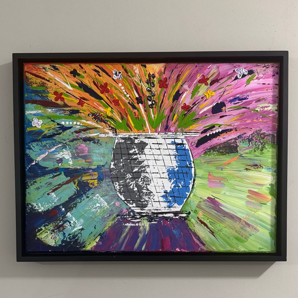 Colorful Floral Burst Painting in Black Frame